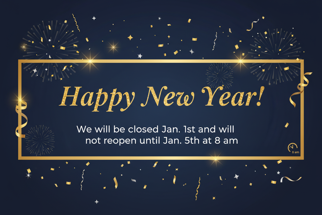 We will be closed Jan. 1st and will not reopen until  Jan. 5th at 8 am. Happy New Year!